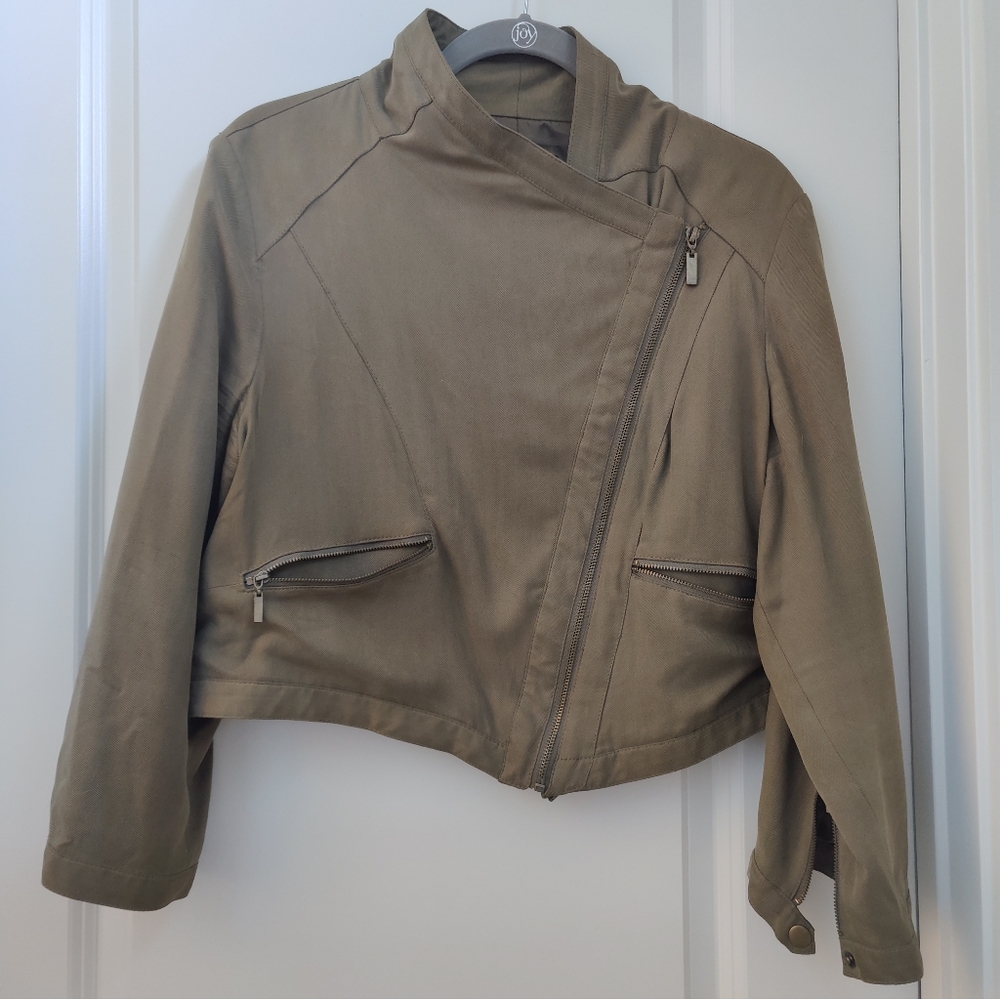 INC International Concepts 100% Silk Military green Jacket W/Asymmetrical Zip XL